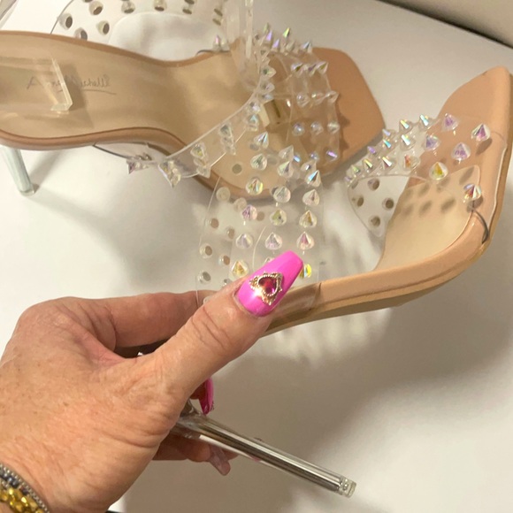 Last Chance FEISTY Clear Strap Stiletto Bright Studded Heeled Mules 5.5 - Picture 4 of 10